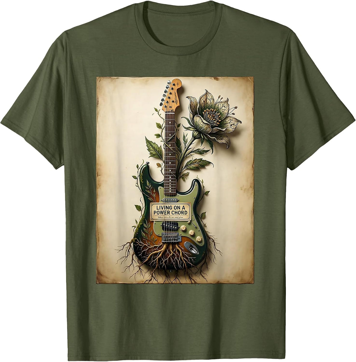 Living on a Power Chord 80s Rock Band Design T-Shirt - Olive Green