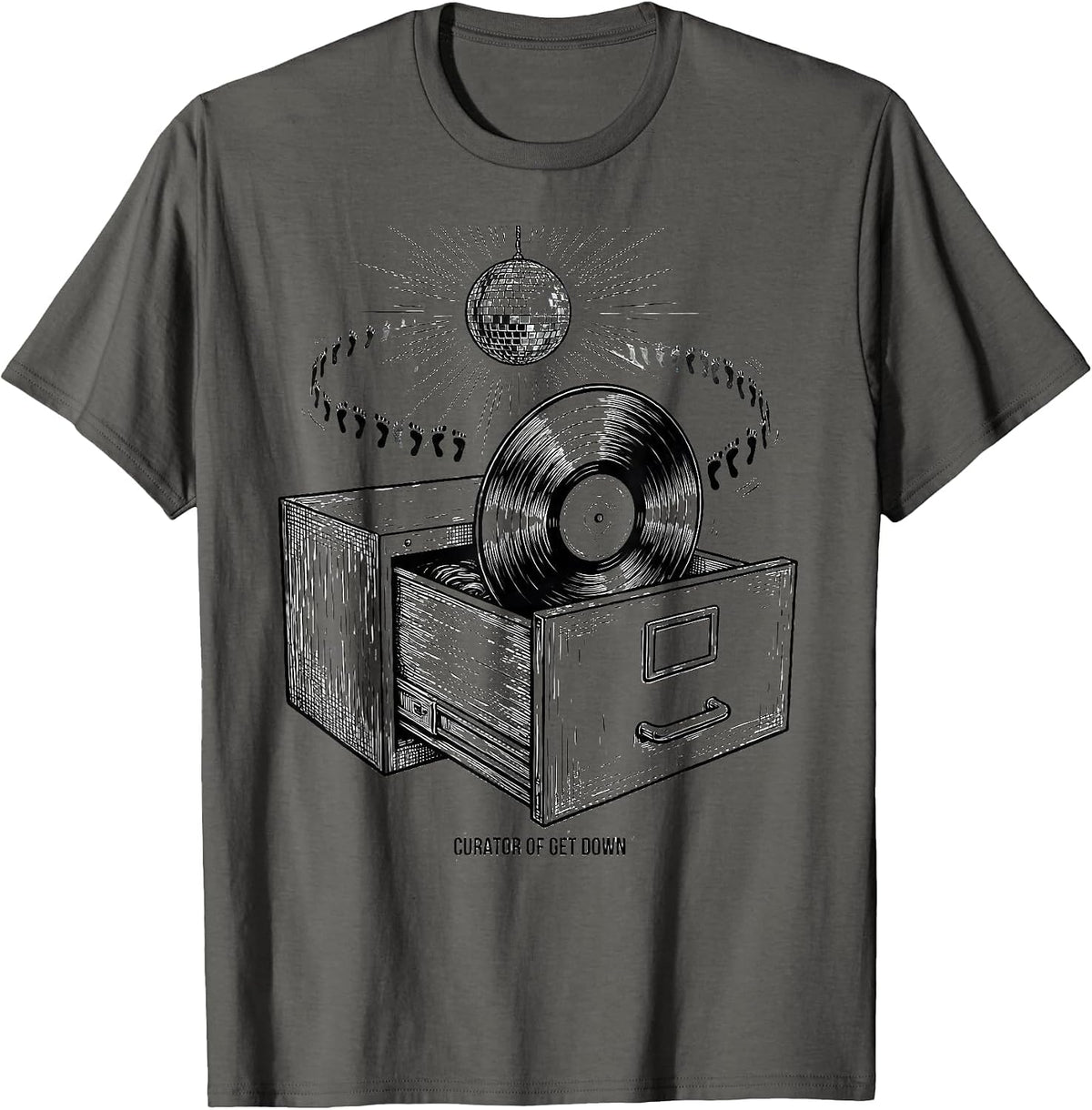 Men's Curator of Get Down Retro 70s Disco Party Humor T-Shirt - Asphalt Grey