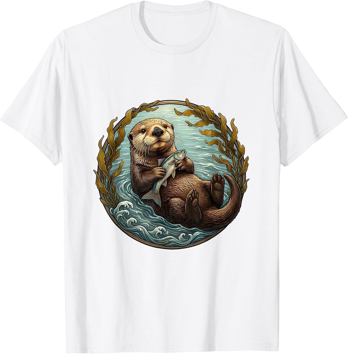 Men's Sea Otter Floating With Fish Illustration T-Shirt - White