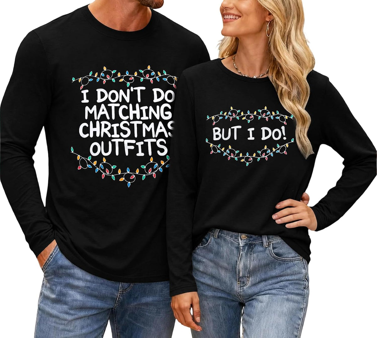 Couples Long Sleeve Christmas Shirts Funny His and Hers Xmas Tshirt - D-black(women)