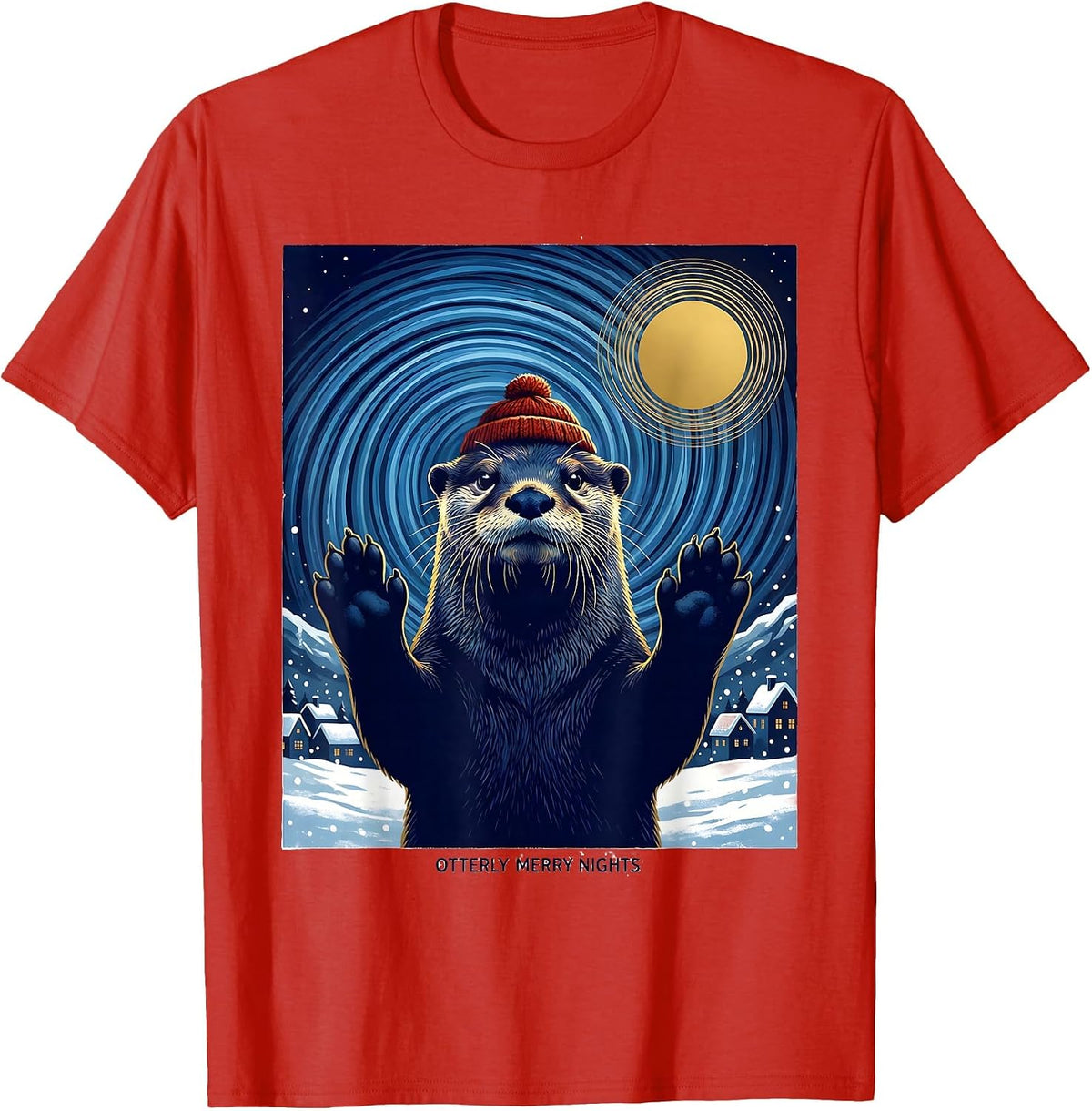 Men's Otterly Merry Nights Whimsical Animal Lover Van Gogh Parody T-Shirt - Red
