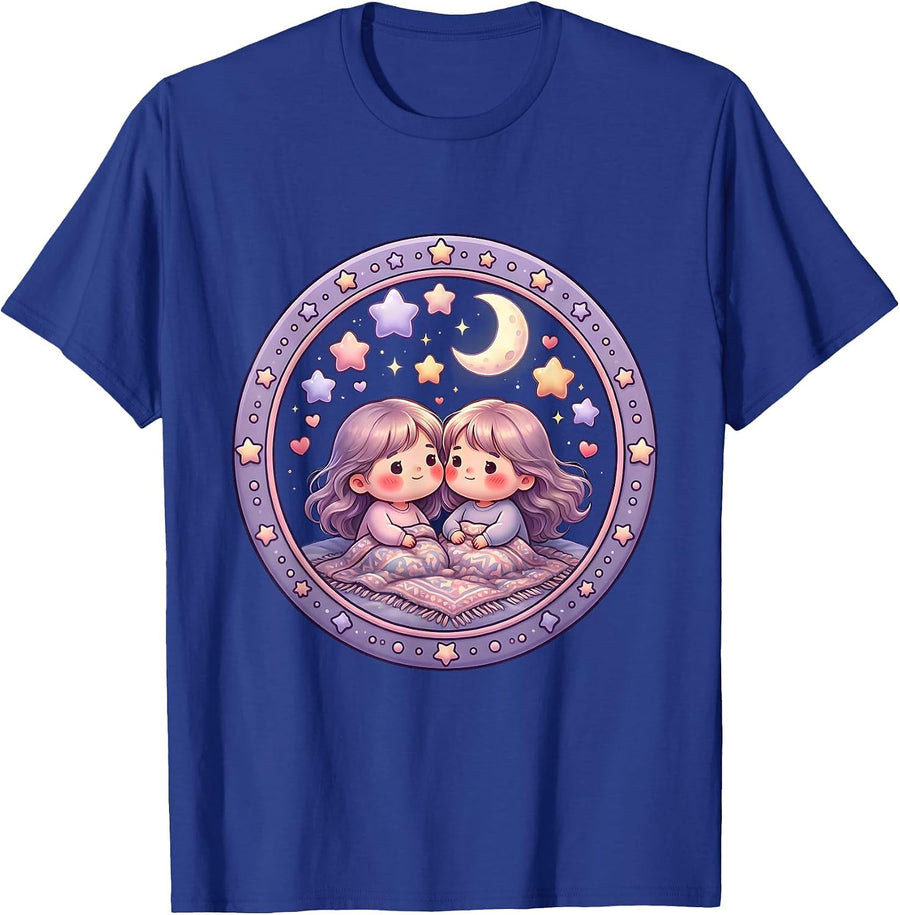 Lesbian Couple Stargazing Night Sky Illustration T-Shirt - Royal Blue