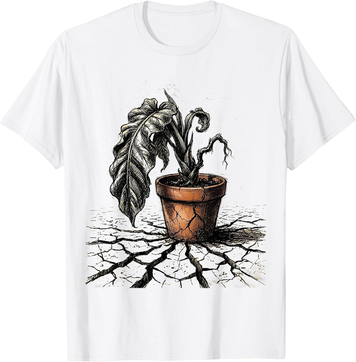 Men's Wilting Plant Dry Earth Darkly Humorous Graphic T-Shirt - White