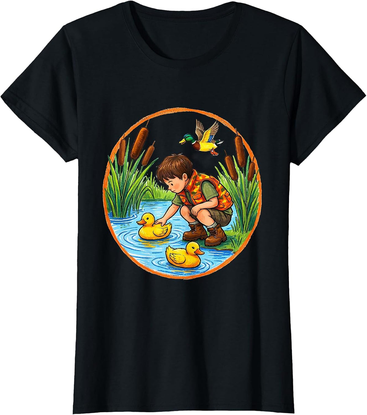 Women's Kids Duck Hunting Decoy Setup Illustration T-Shirt - Black
