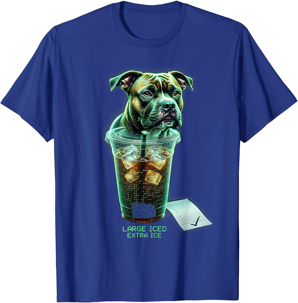 Large Iced Extra Ice Funny Pitbull Drinking Iced Coffee Meme T-Shirt - Royal Blue