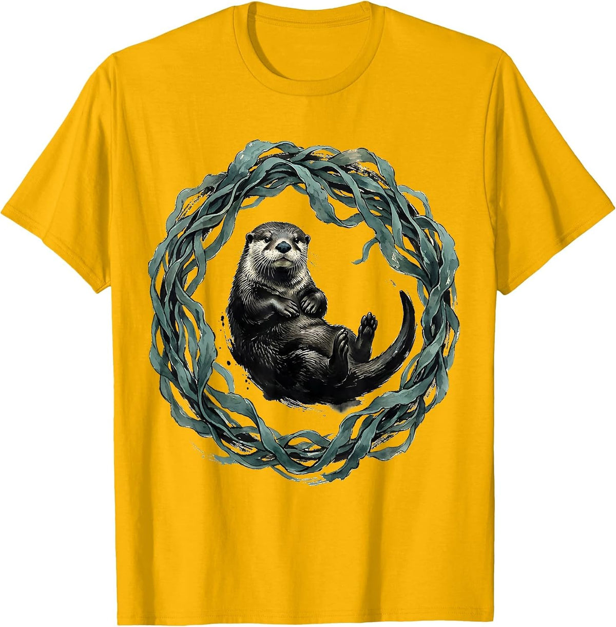 Kelp Wrapped Otter Underwater Ocean Art T-Shirt - Golden Yellow