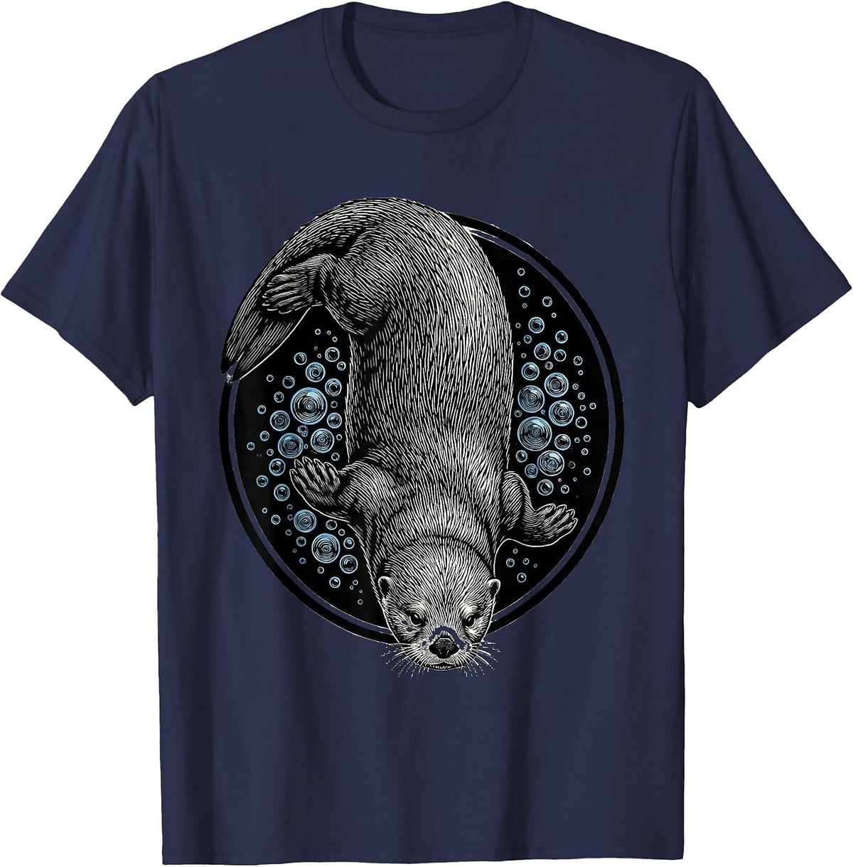 Sea Otter Diving Through Bubbles Graphic Tee T-Shirt - Navy Blue