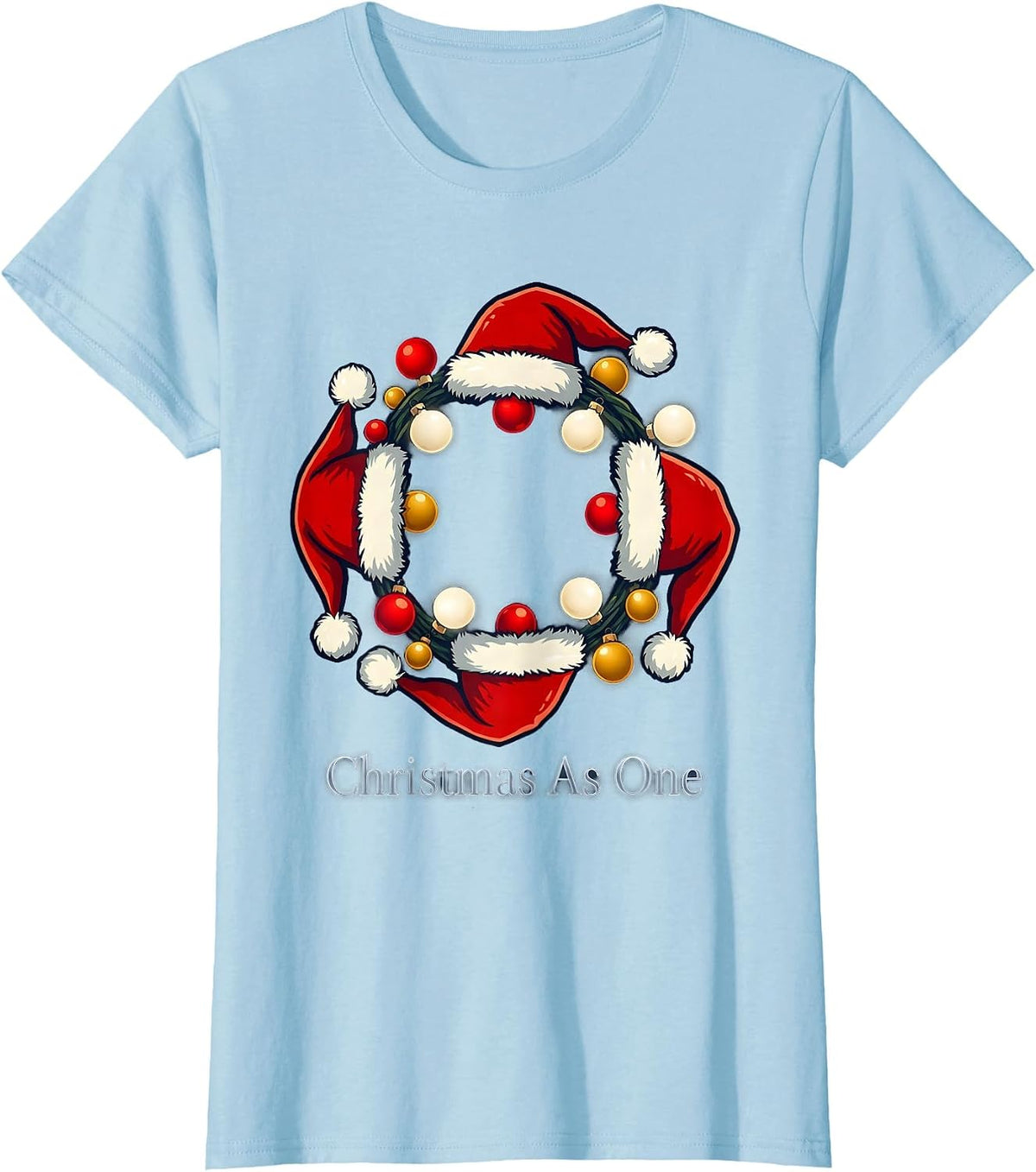 Women's Christmas As One Family Matching Santa Hat Holiday Pajama T-Shirt - Baby Blue