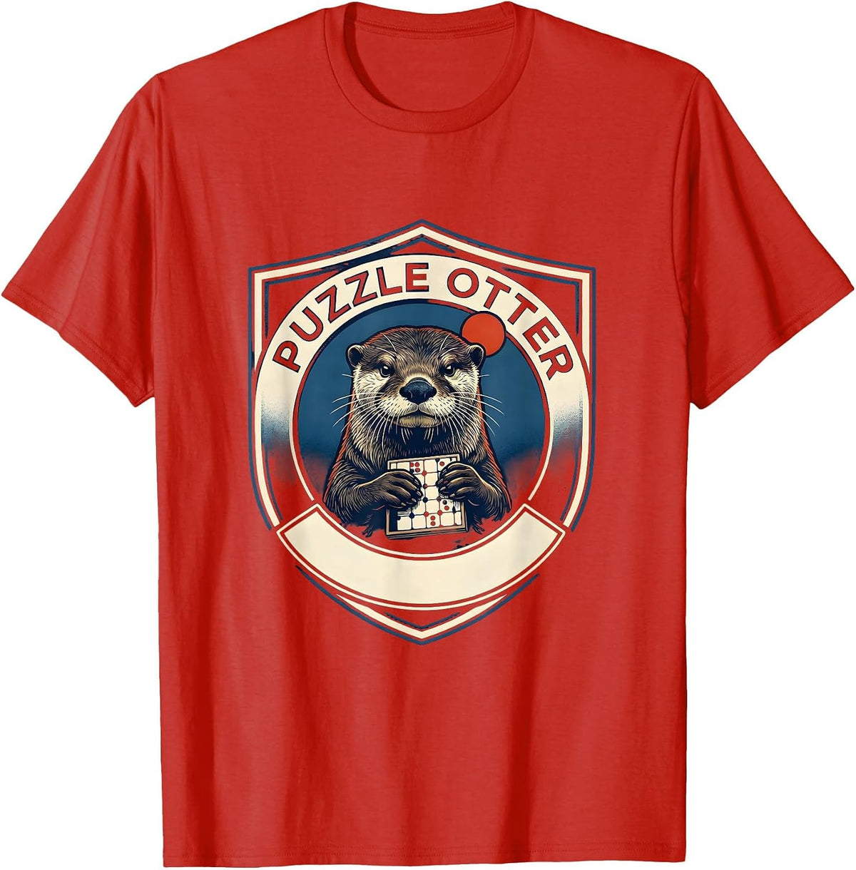 Men's Puzzle Otter Ukiyo-e Japanese Animal Gamer Retro Vintage T-Shirt - Red