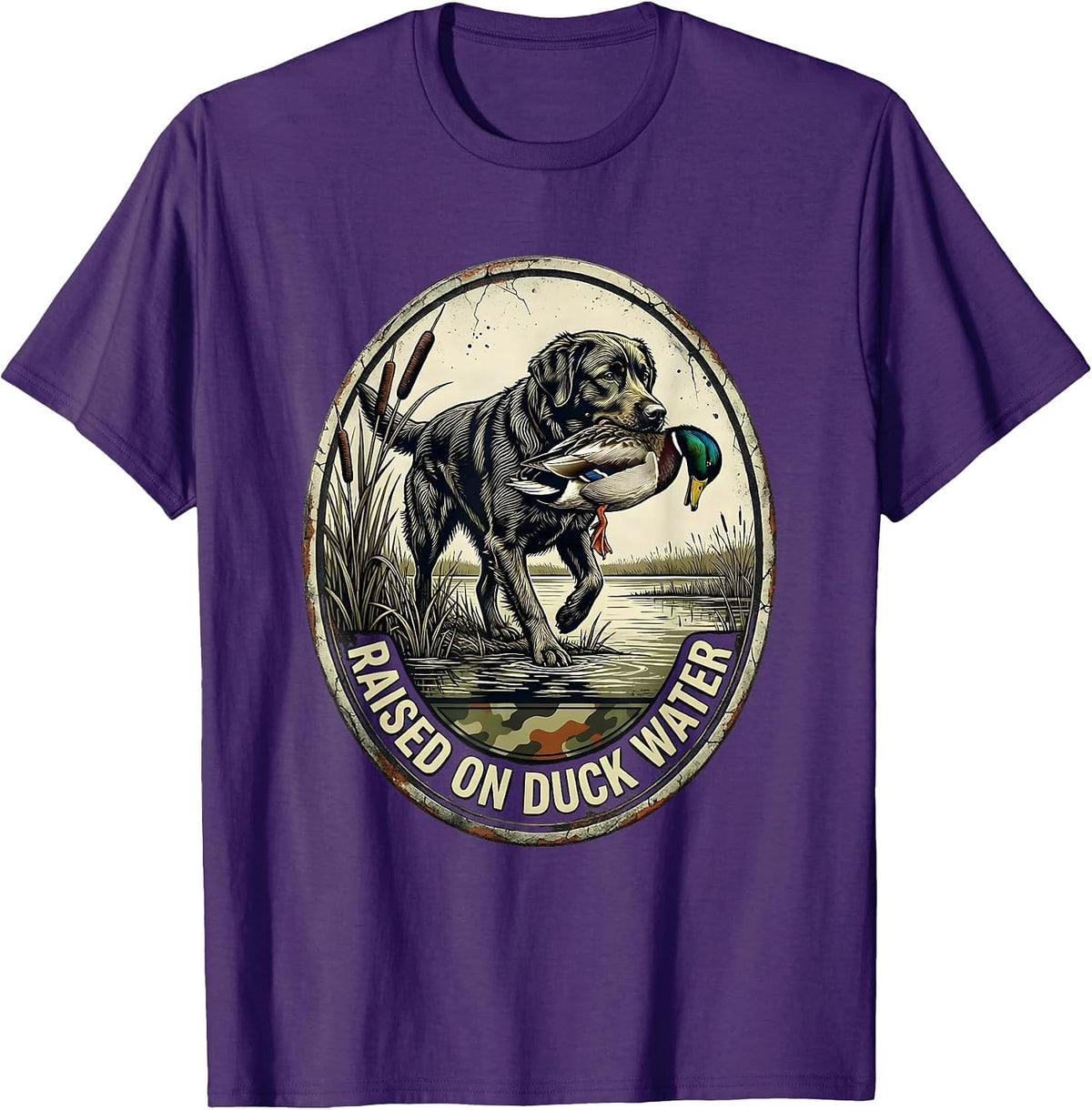 Men's Raised On Duck Water Distressed Hunting Dog Waterfowl Pride T-Shirt - Purple