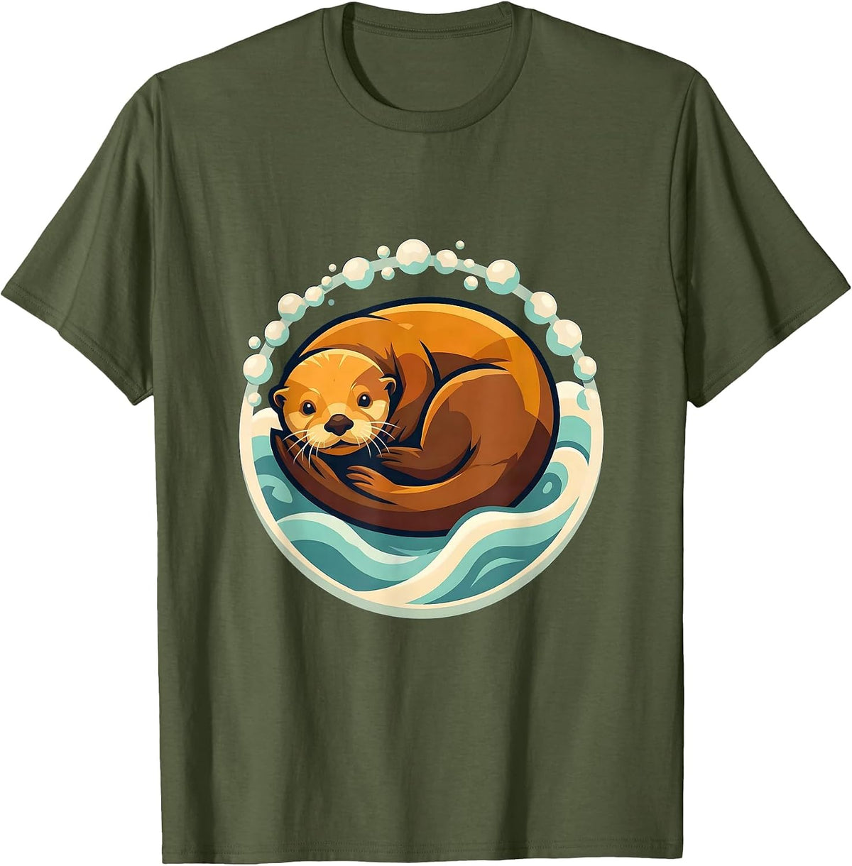 Men's Sea Otter Curled in Ocean Foam Illustration T-Shirt - Olive Green