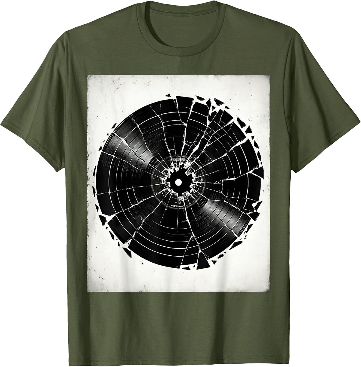 Broken Vinyl Record Grunge Illustration T-Shirt - Olive Green