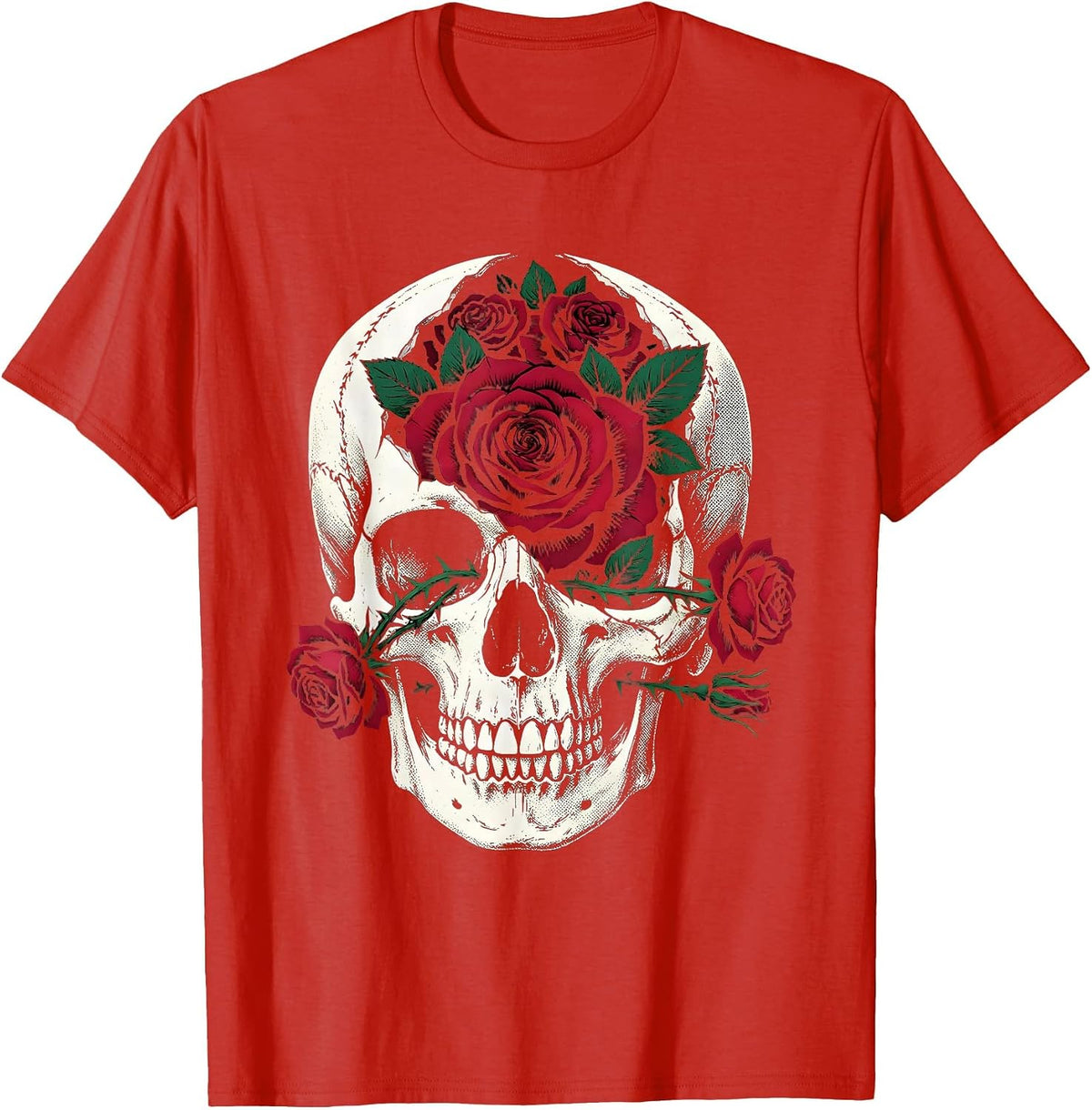 Men's Skull and Roses Rock and Roll Graphic Design T-Shirt - Red