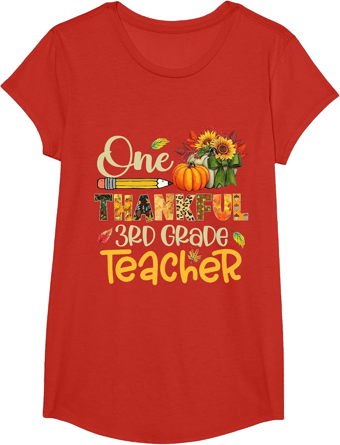 One Thankful 3rd Grade Teacher Pumpkin Fall Thanksgiving T-Shirt - Girls Red