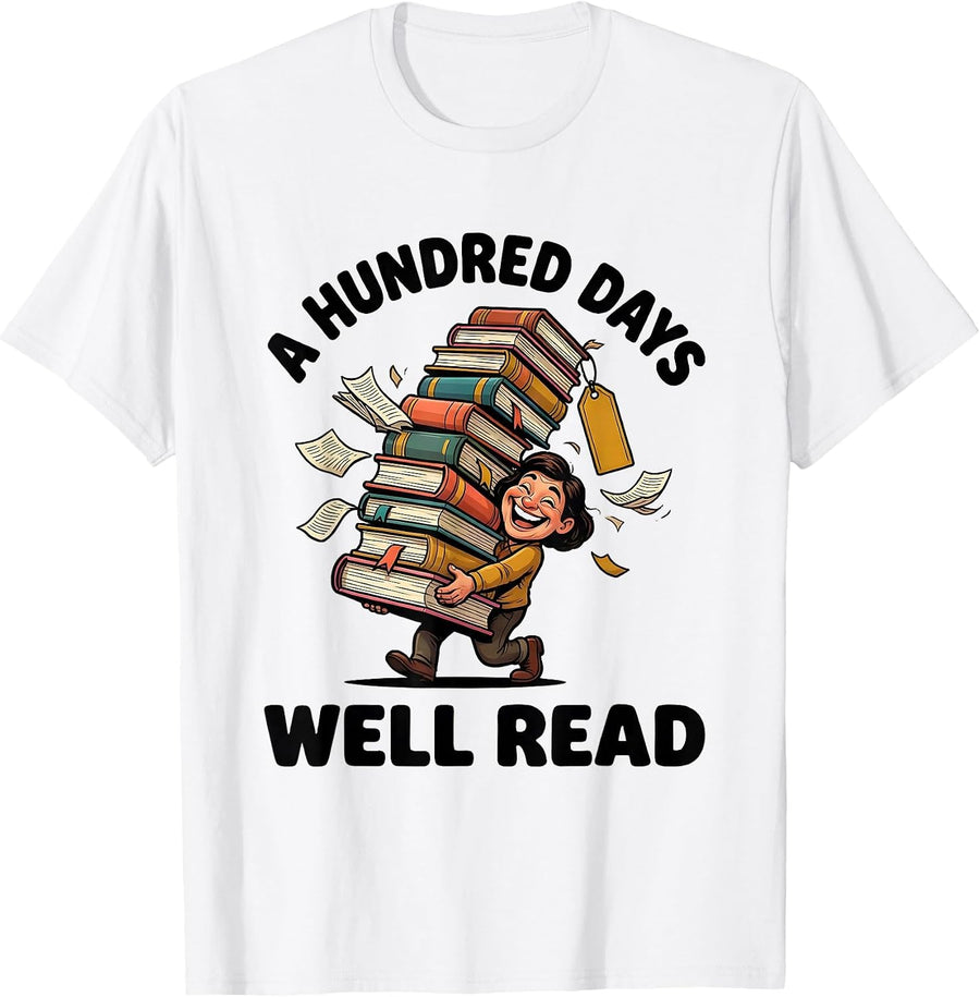 Men's A Hundred Days Well Read Cartoon Reading Teacher Librarian T-Shirt - White