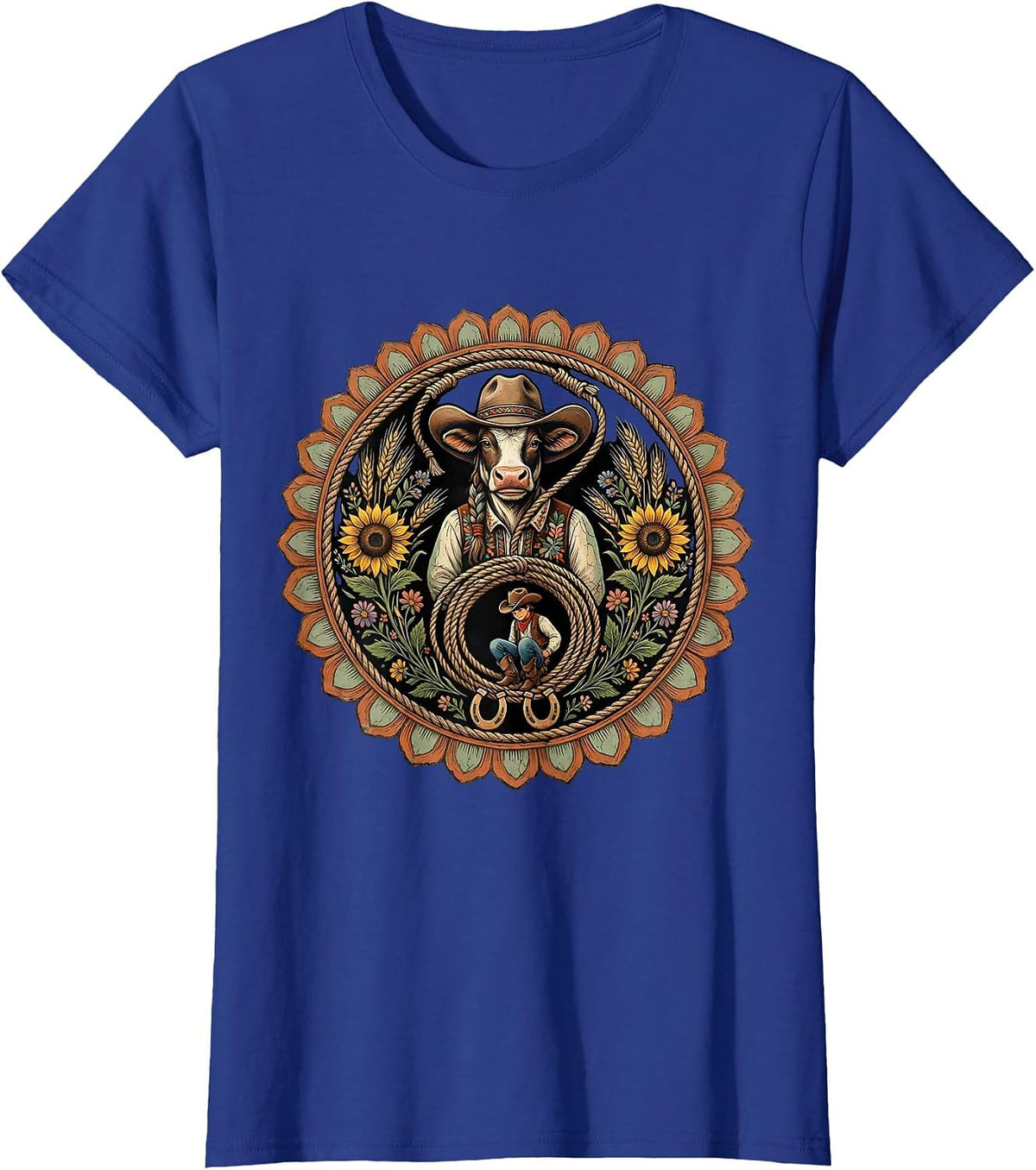 Women's Cowgirl Roping a Bashful Cowboy Funny Western T-Shirt - Royal Blue