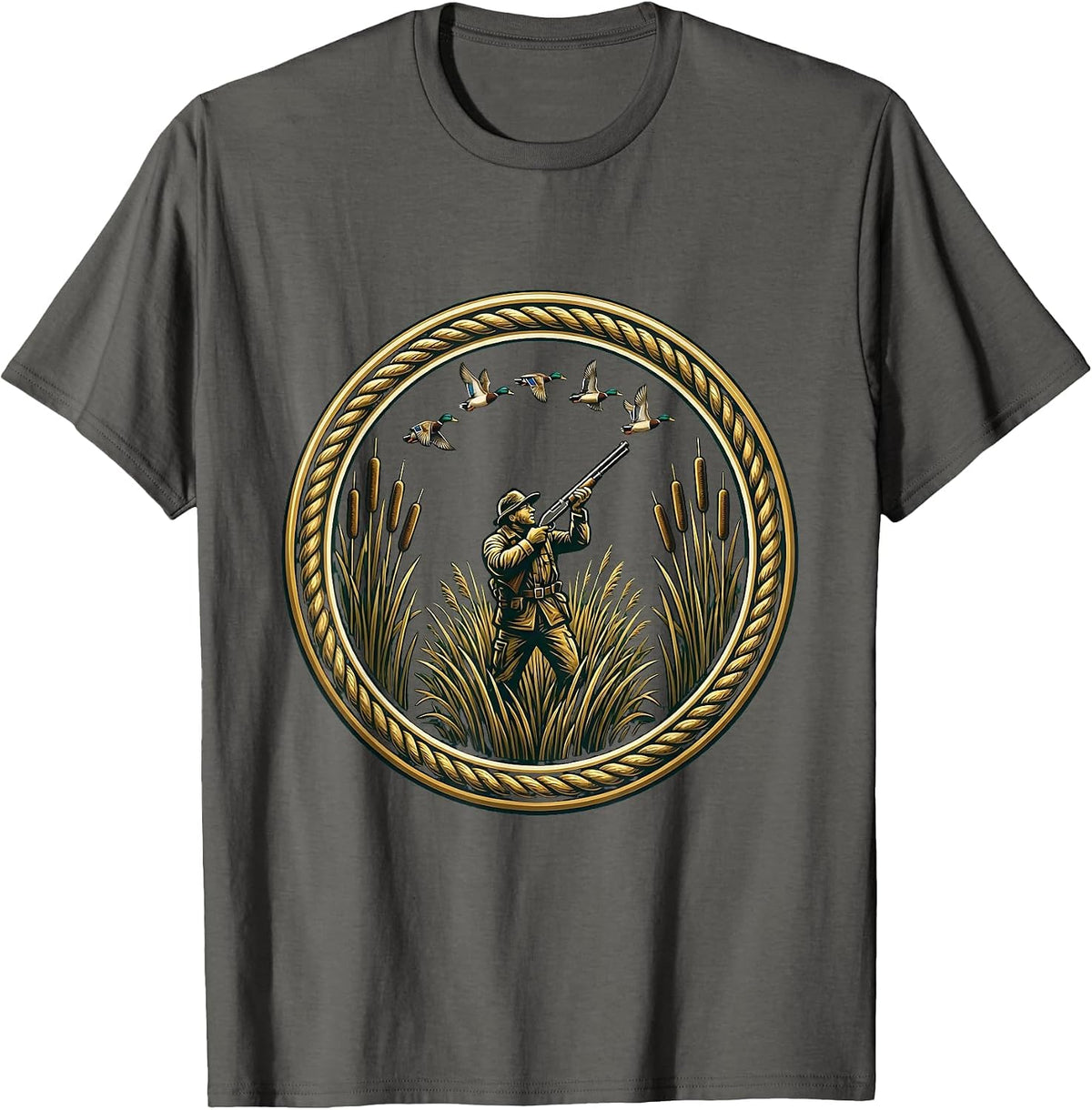 Camo Duck Hunter Rising From Marsh Reeds T-Shirt - Asphalt Grey