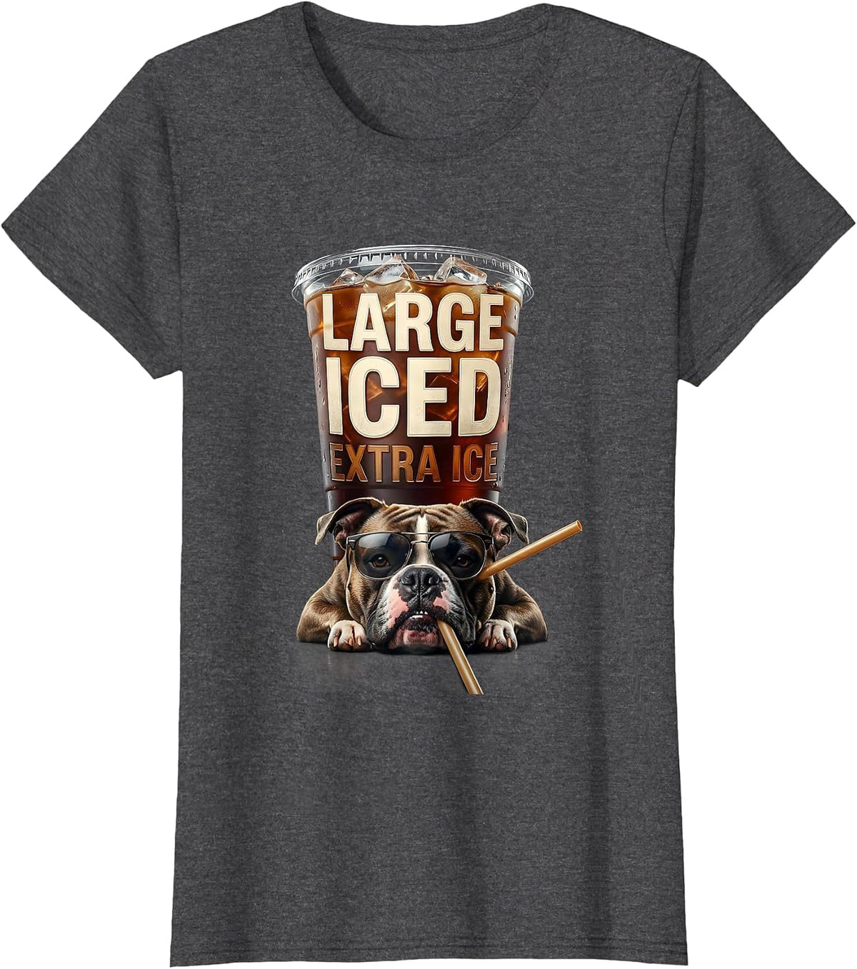 Women's Large Iced Extra Ice Funny Pitbull Drinking Iced Coffee Meme T-Shirt - Dark Heather Grey