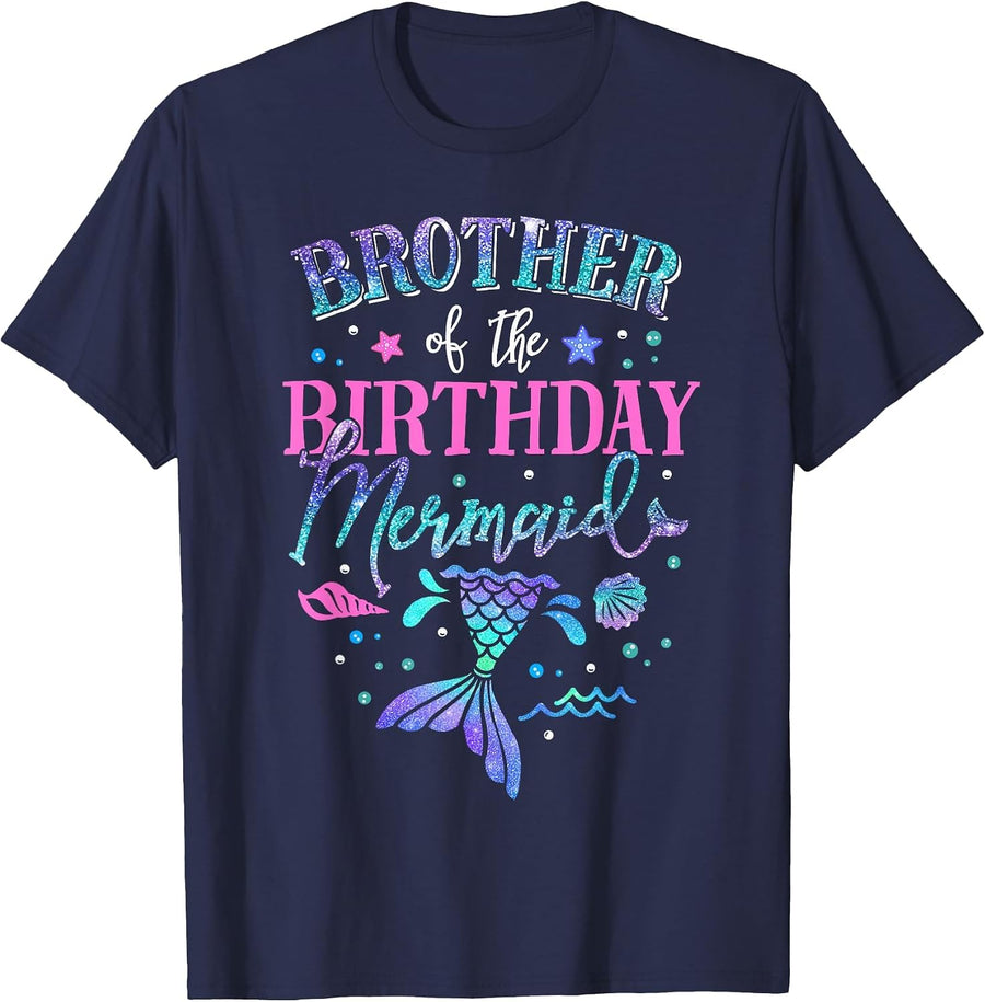 Brother of The Birthday Mermaid Party Matching Family T-Shirt - Navy Blue