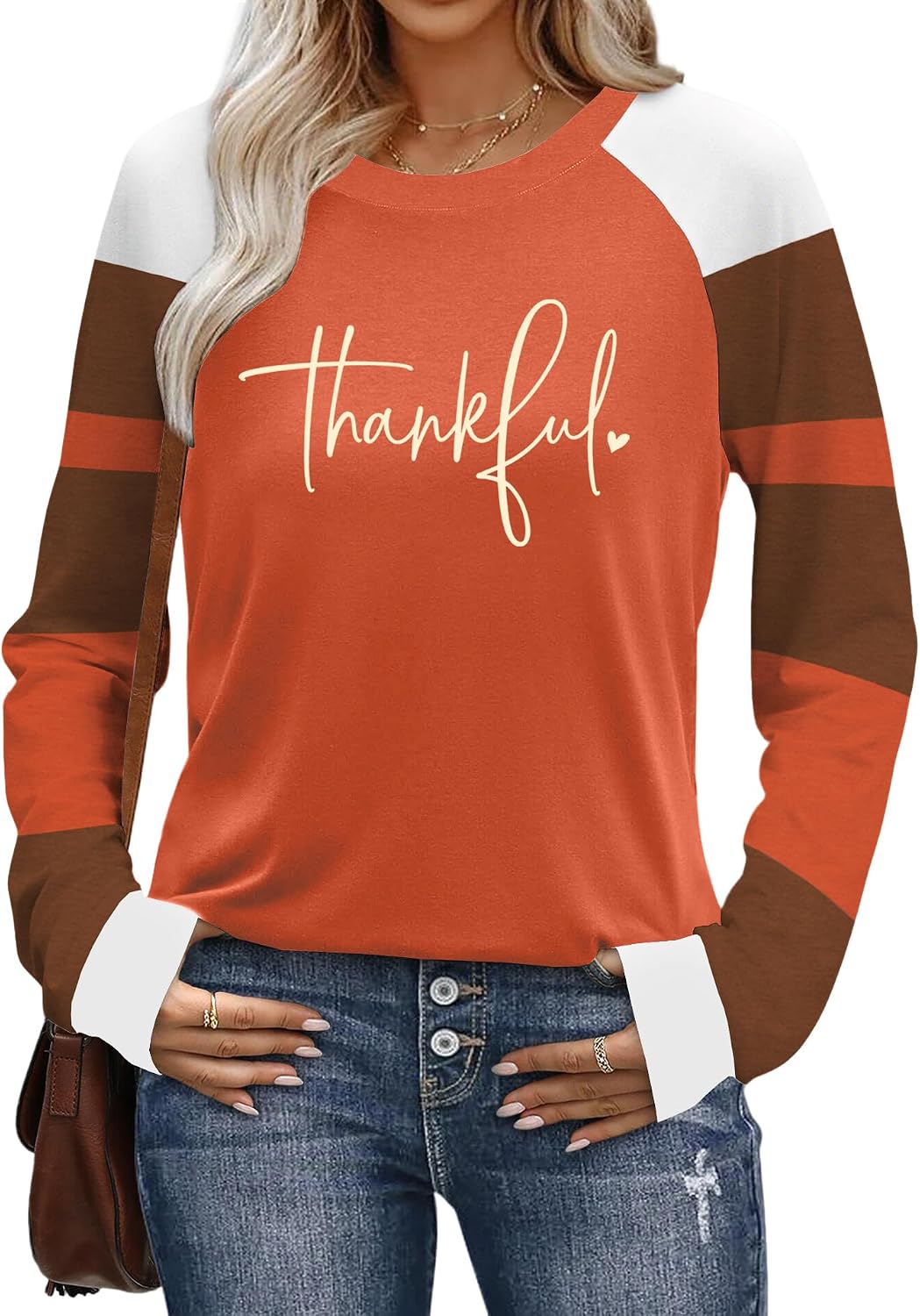 Thanksgiving Shirts for Women Thankful Turkey Graphic Long Sleeve Shirt - Thankful-orange