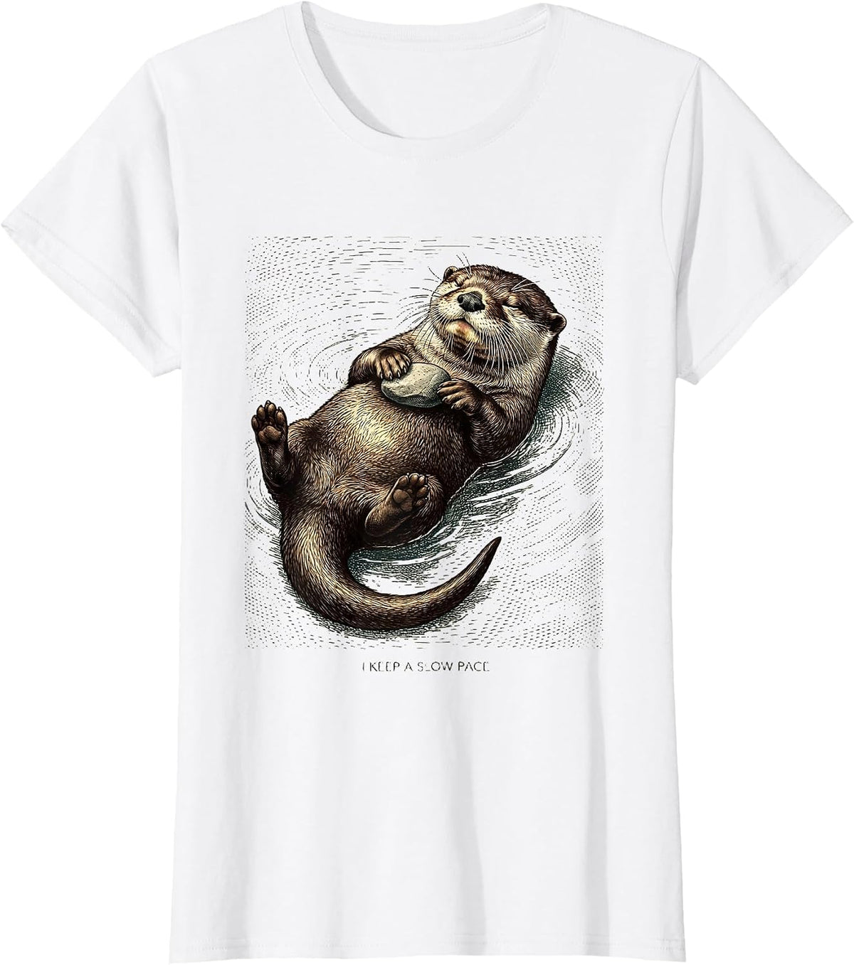 I Keep A Slow Pace Crosshatch Etching Otter Lover Nature T-Shirt - White