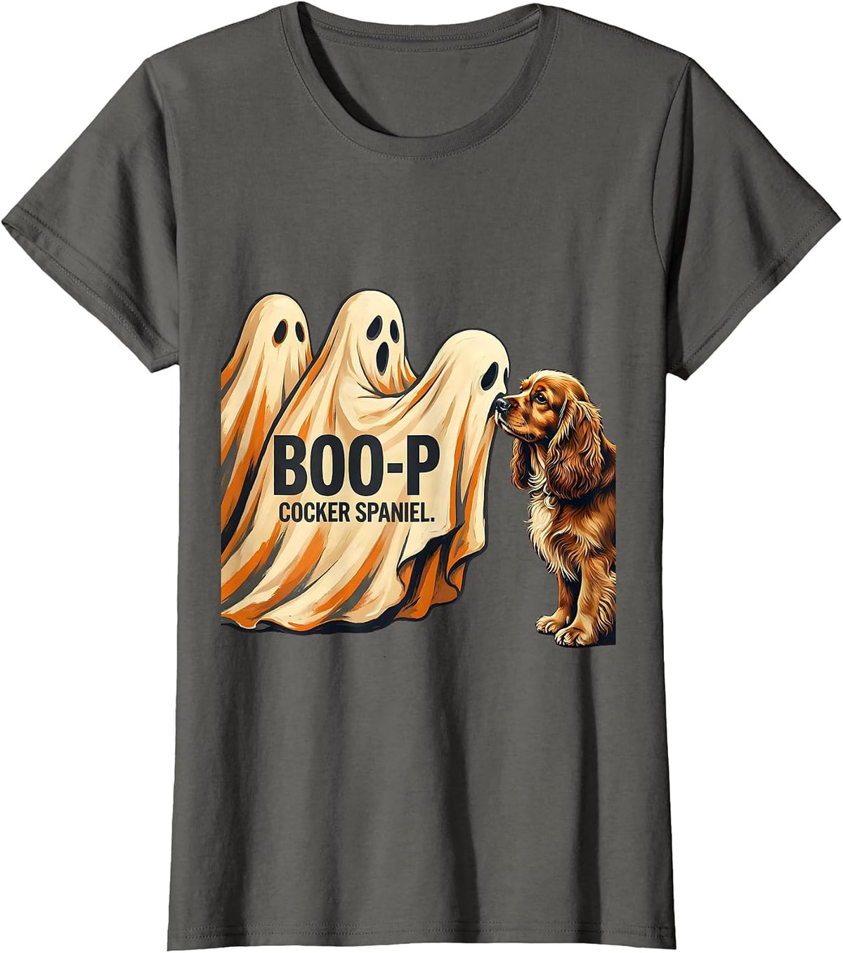 Women's Boo-p Cocker Spaniel Cute Ghost Halloween Dog Mom Humor T-Shirt - Asphalt Grey