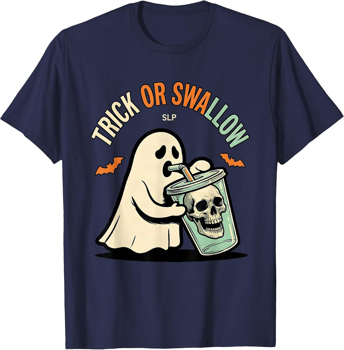 Trick Or Swallow SLP Funny Physical Therapy Halloween Ghost T-Shirt - Navy Blue