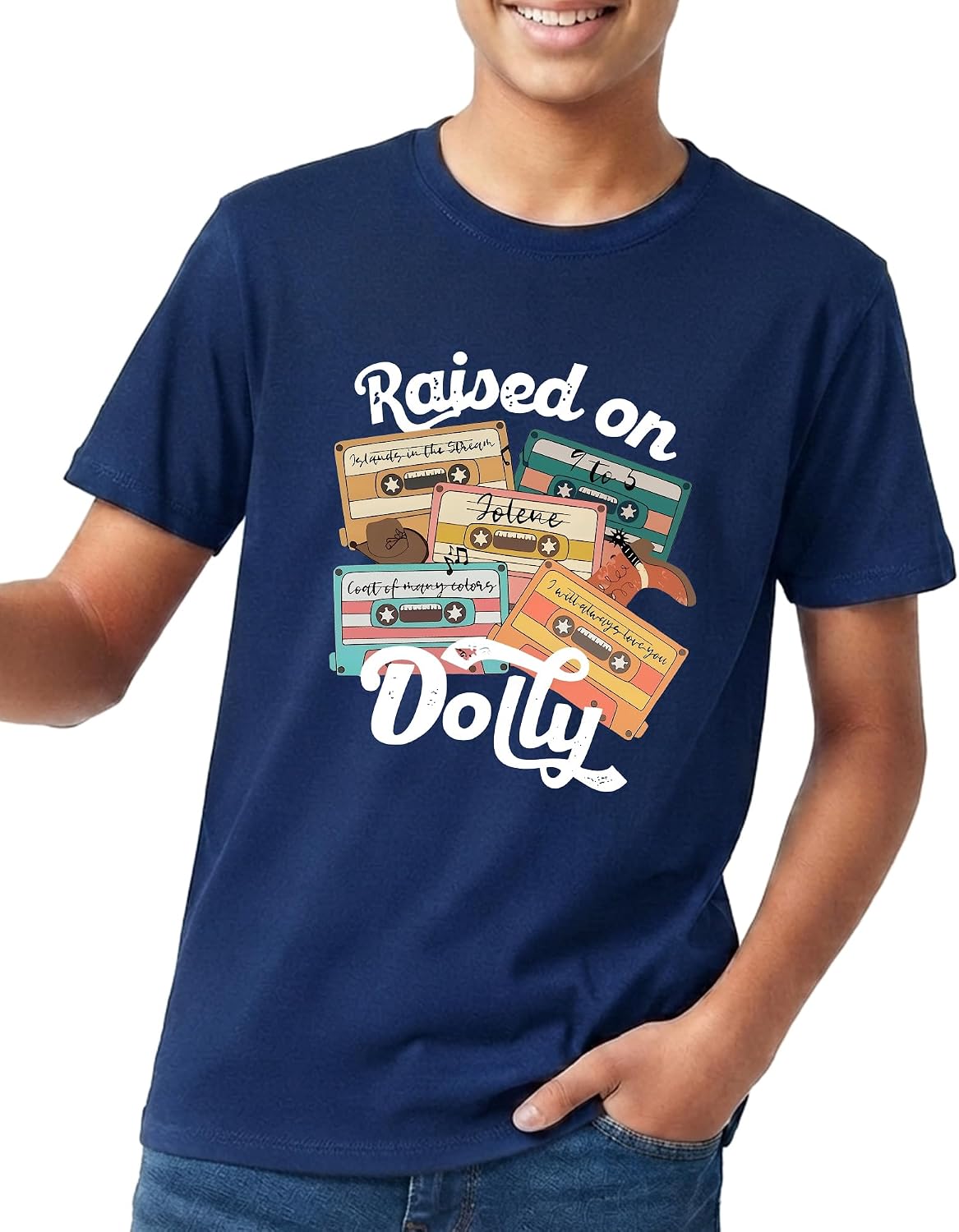 Youth Country Music Raised On Dolly Cotton T-Shirt for Teens Tee - Navy