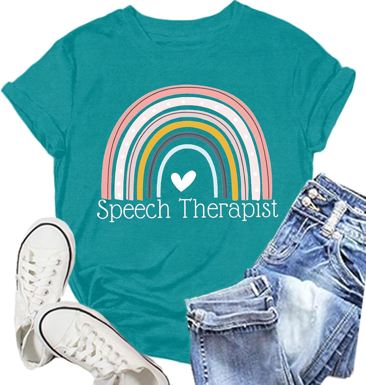 Womens Speech Therapy Shirt Speech Therapist Rainbow T-Shirts Language Pathologist Tee Tops - Cyan