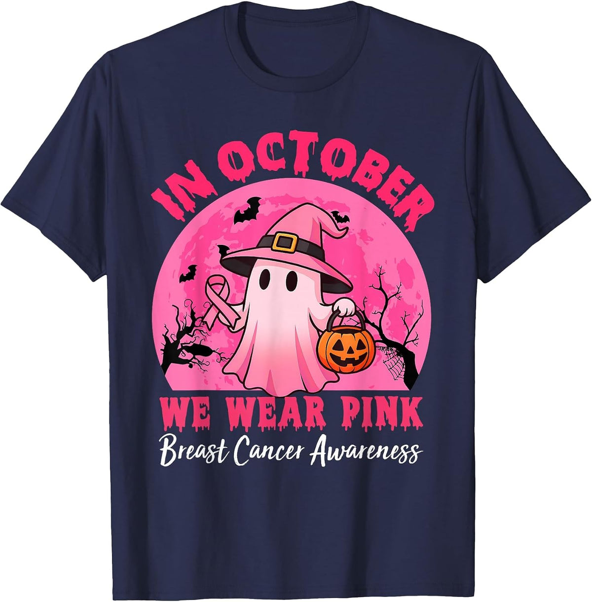 in October We Wear Pink Breast Cancer Awareness Halloween T-Shirt - Navy Blue