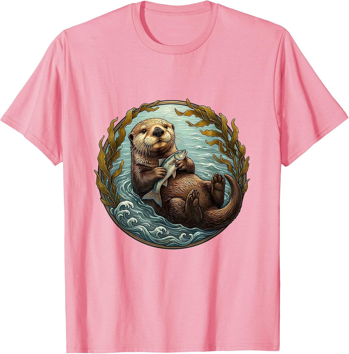 Men's Sea Otter Floating With Fish Illustration T-Shirt - Pink