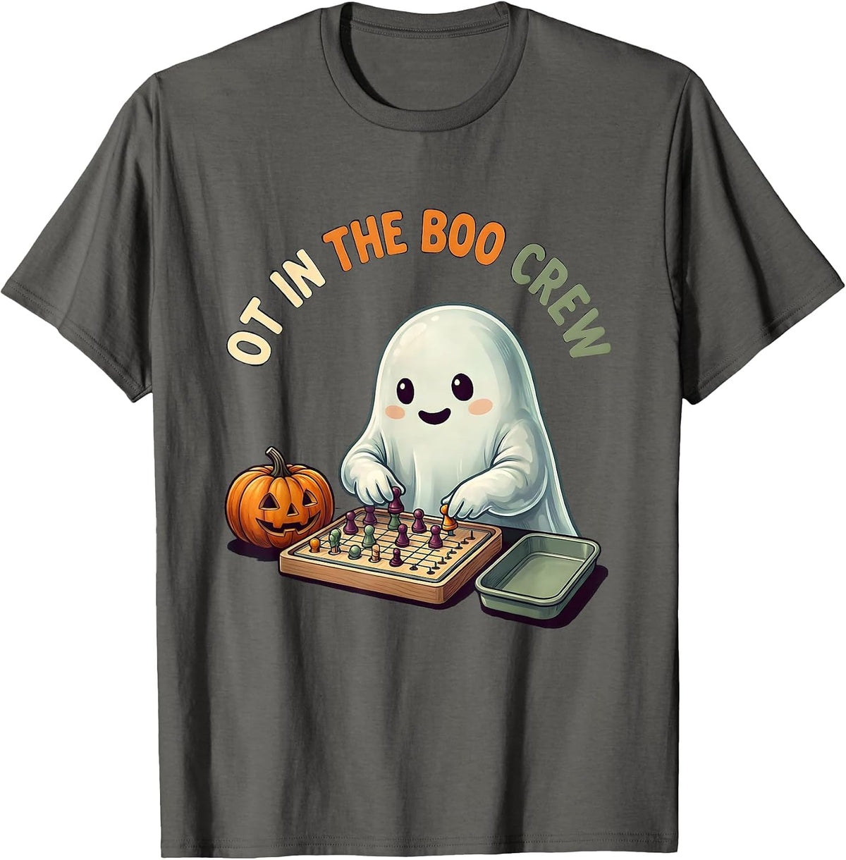 Men's OT in the Boo Crew Cute Ghost Occupational Therapy Halloween T-Shirt - Asphalt Grey