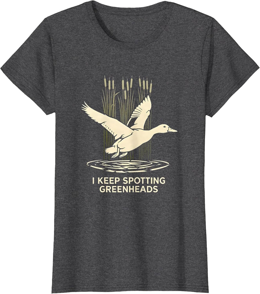 Women's I Keep Spotting Greenheads Mallard Duck Hunting Camo T-Shirt - Dark Heather Grey