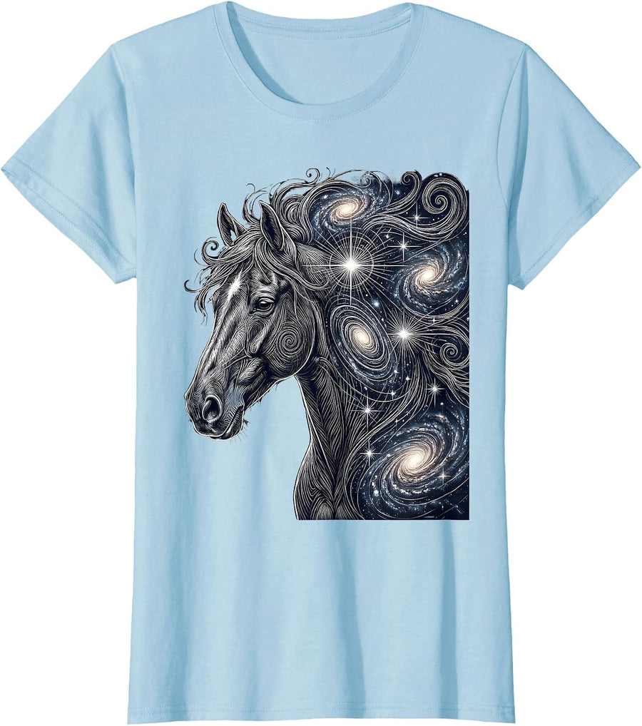 Women's Galaxy Mane Horse Head Cosmic Nebula Art T-Shirt - Baby Blue