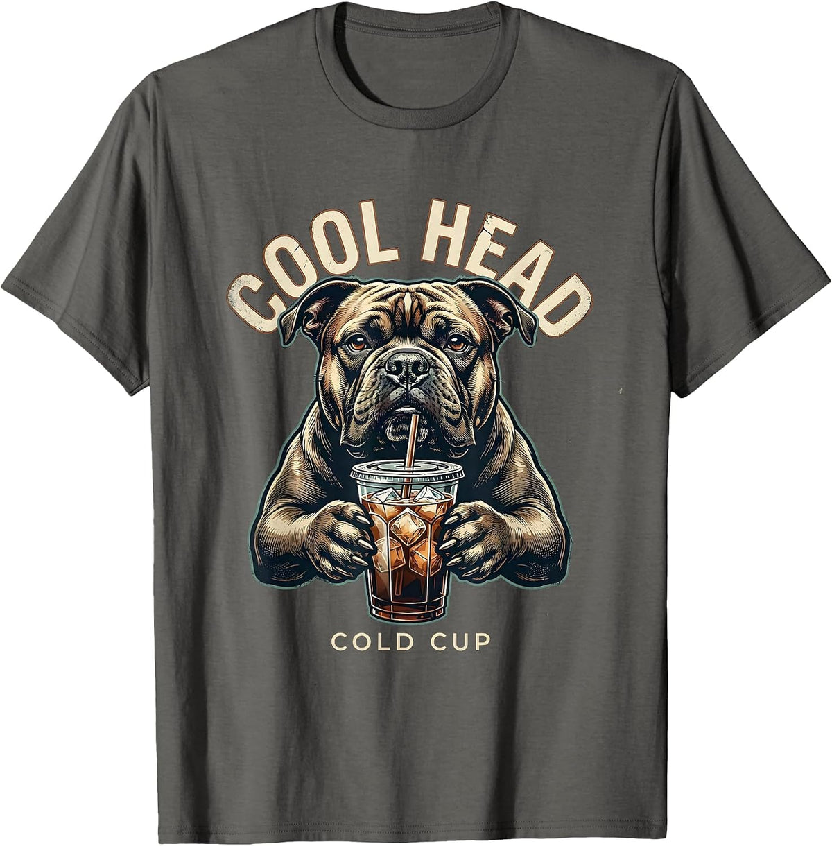Cool Head, Cold Cup Distressed Pitbull Drinking Iced Coffee T-Shirt - Asphalt Grey
