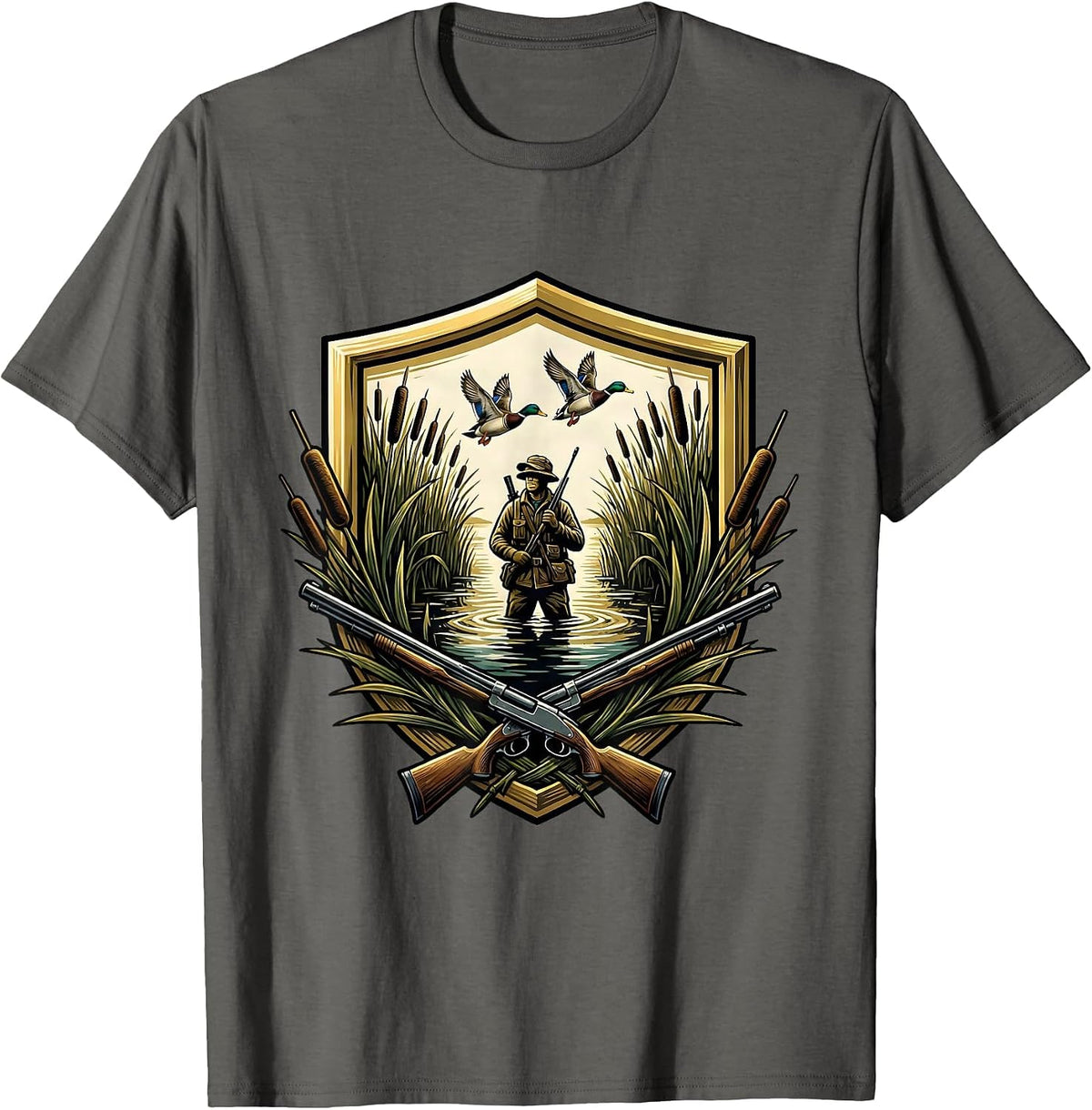 Duck Hunter Hidden in Tall Marsh Reeds Illustration T-Shirt - Asphalt Grey