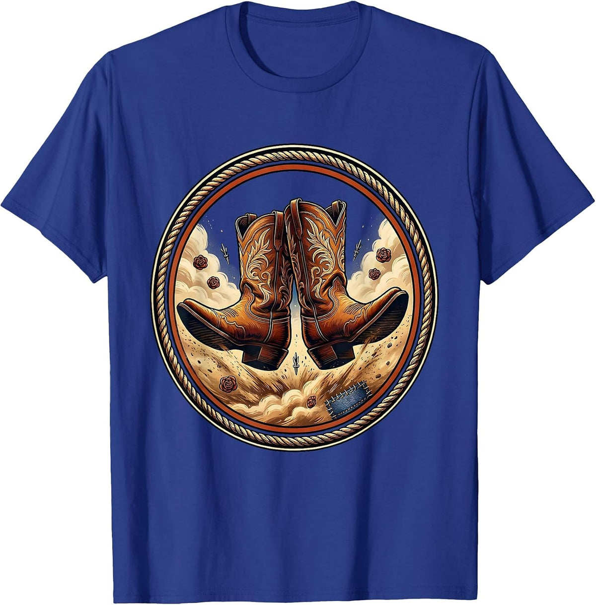 Denim Cowgirl Boots Kicking Up Trail Dust T-Shirt - Royal Blue
