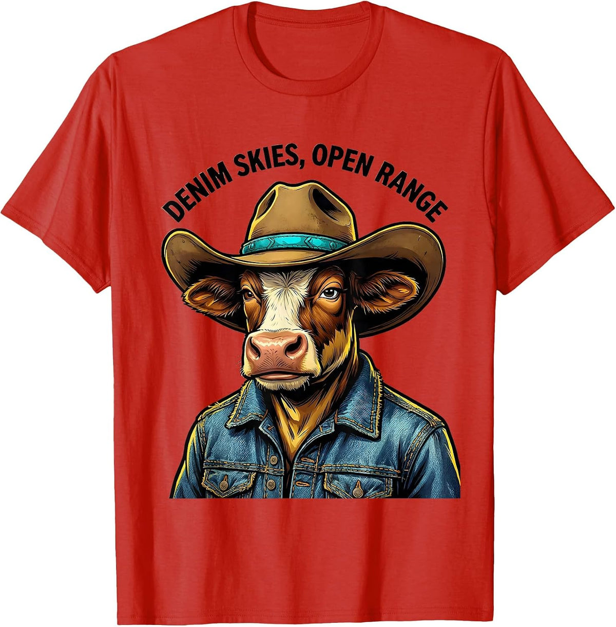 Men's Denim Skies Open Range Cowgirl Design T-Shirt - Red