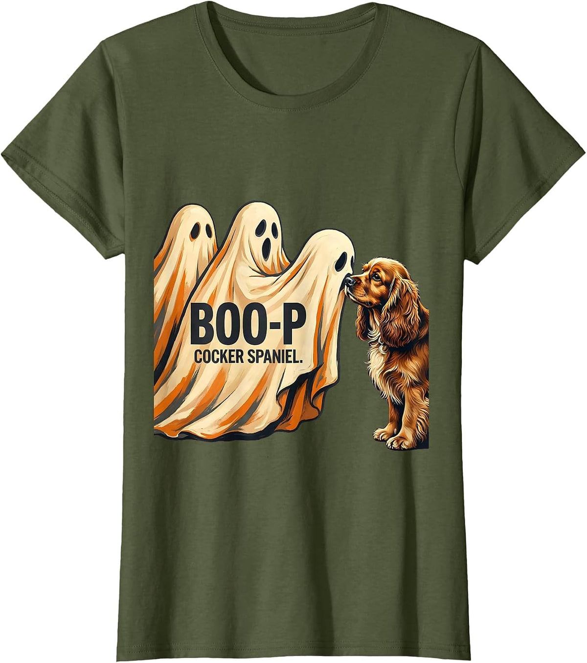 Women's Boo-p Cocker Spaniel Cute Ghost Halloween Dog Mom Humor T-Shirt - Olive Green