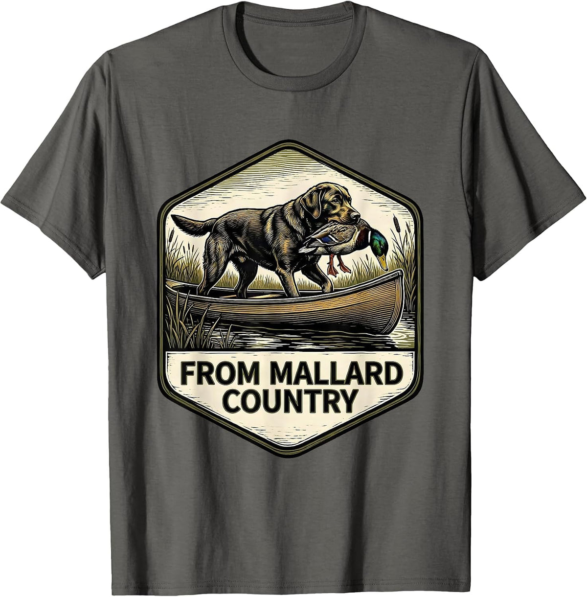 From Mallard Country Camo Labrador Hunting Dog Waterfowl T-Shirt - Asphalt Grey