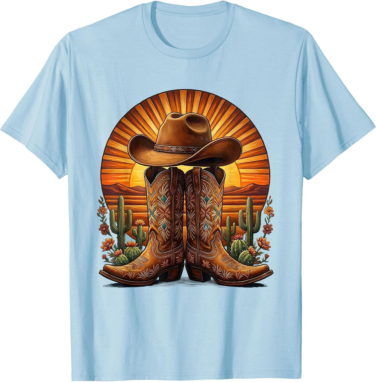 Men's Cowgirl Boots and Hat Desert Sunset Graphic T-Shirt - Baby Blue