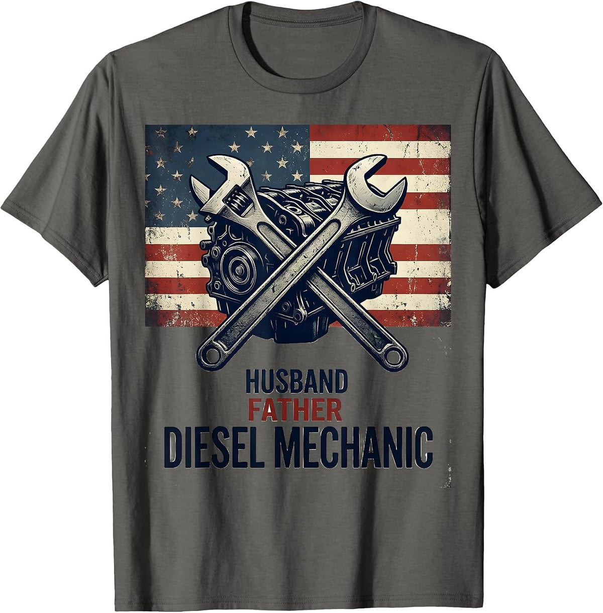 Men's Husband Father Diesel Mechanic Patriotic American Flag T-Shirt - Asphalt Grey