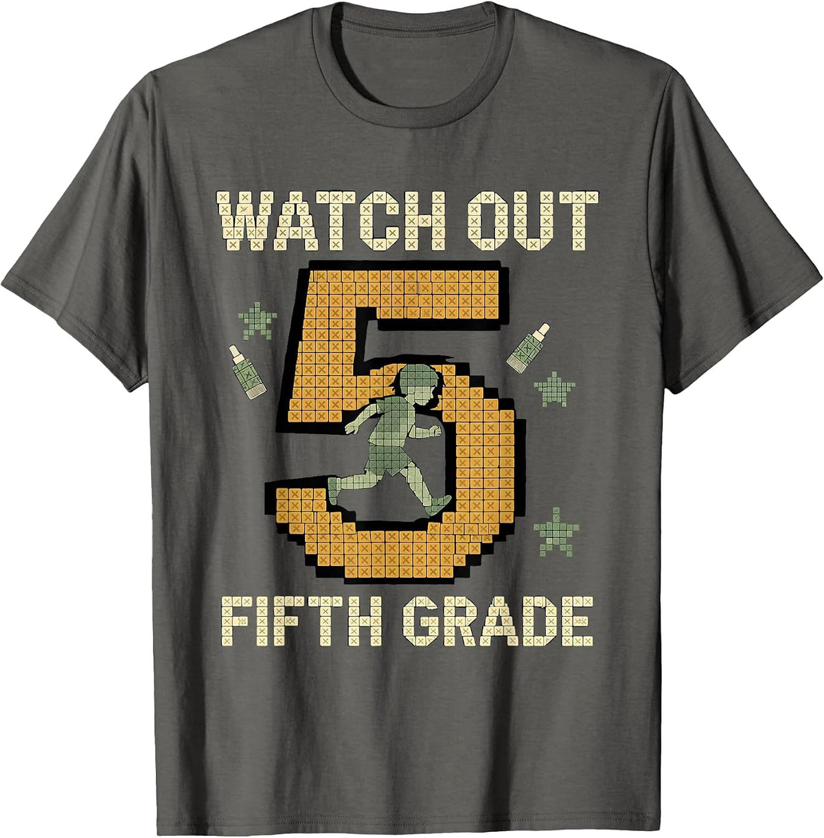 Watch Out, Fifth Grade Cross Stitch Sampler Back to School T-Shirt - Asphalt Grey