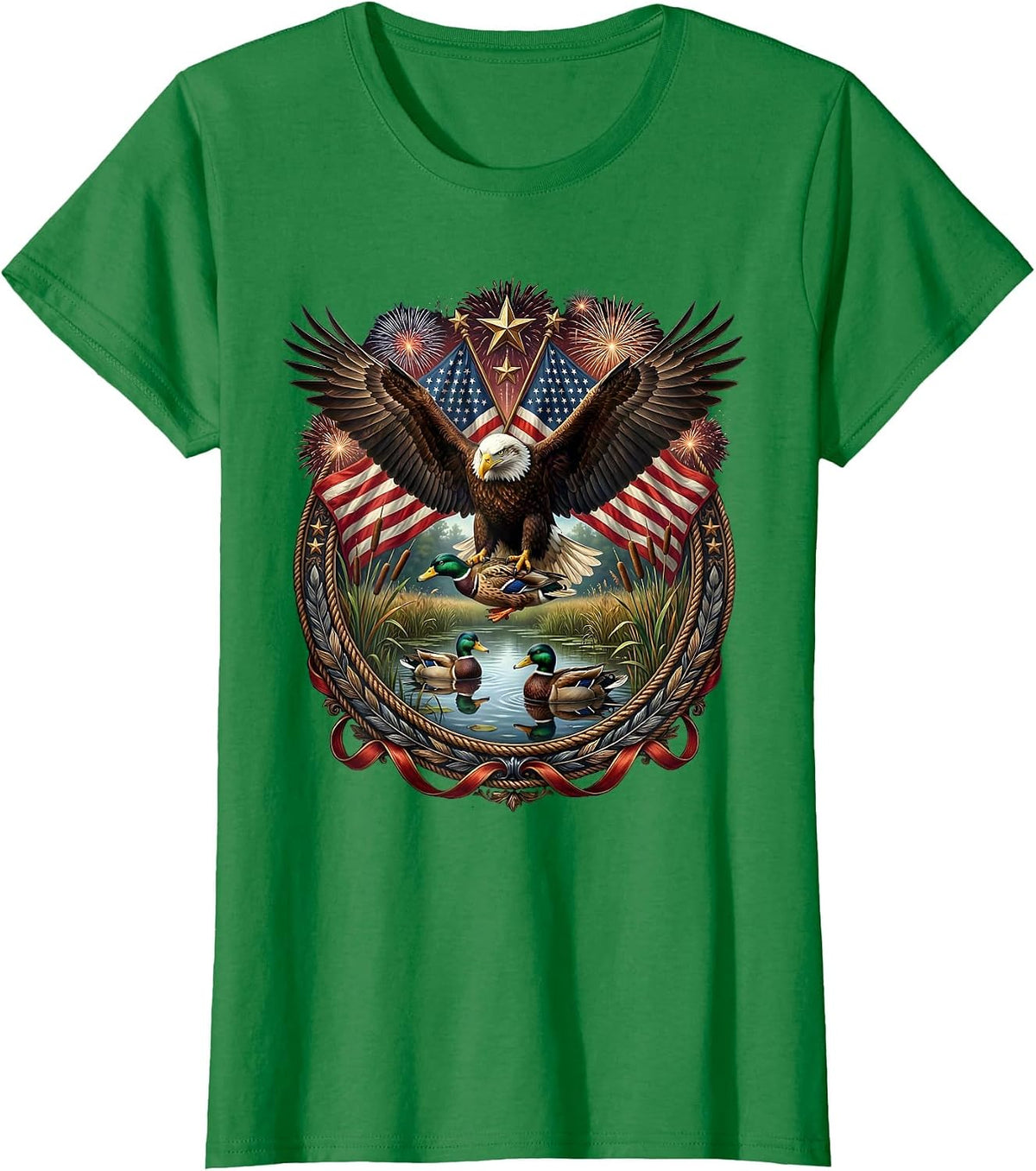 Women's Duck Decoys on Glassy Marsh Water Hunting Camo T-Shirt - Kelly Green