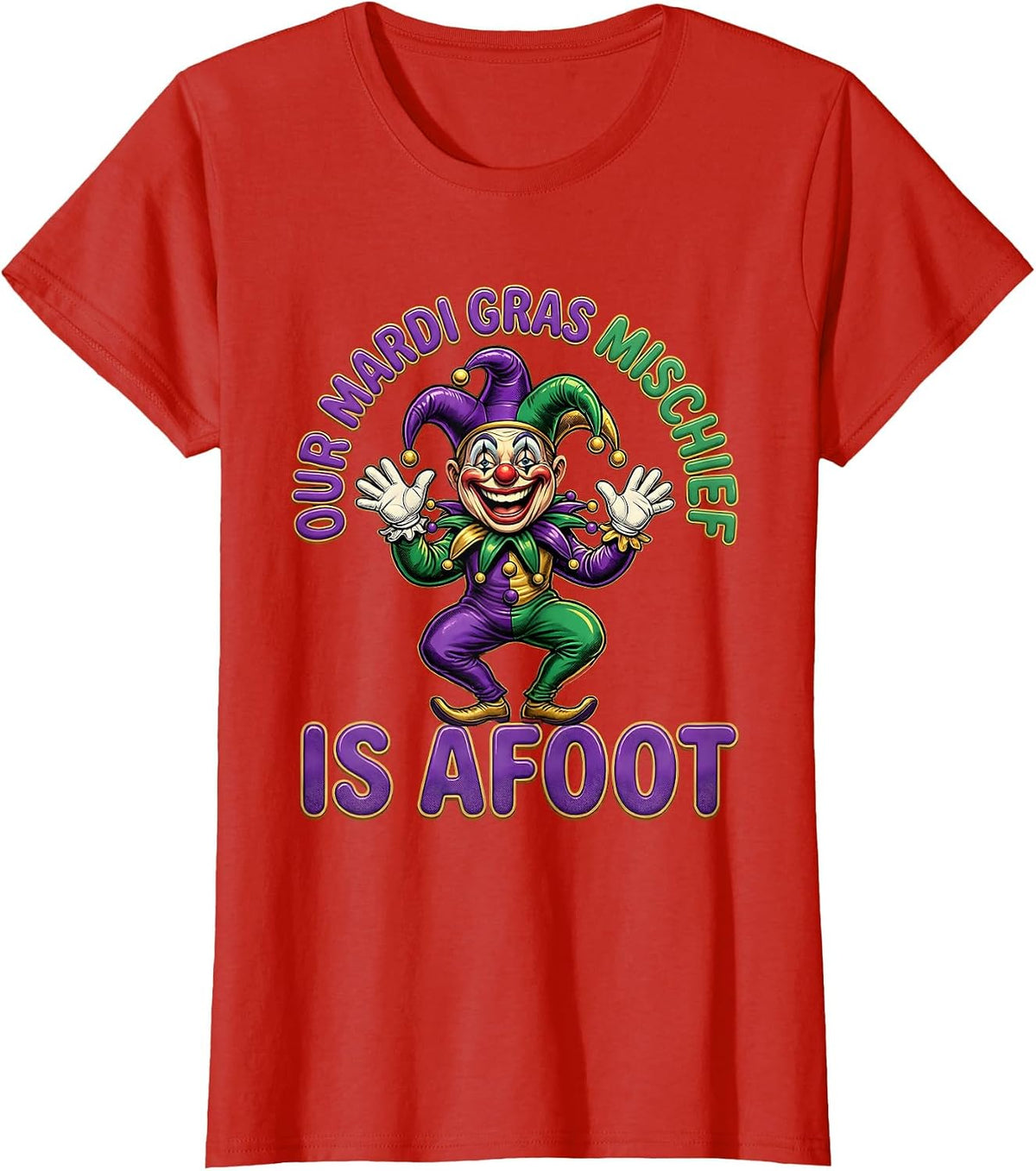Women's Our Mardi Gras Mischief Is Afoot Retro Cartoon Jester T-Shirt - Red
