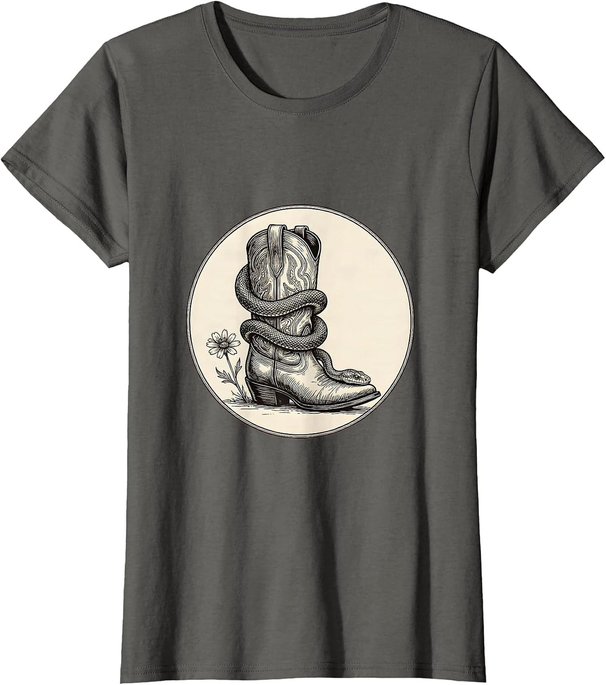 Women's Snake Coiled Around Cowboy Boot Western Graphic T-Shirt - Asphalt Grey