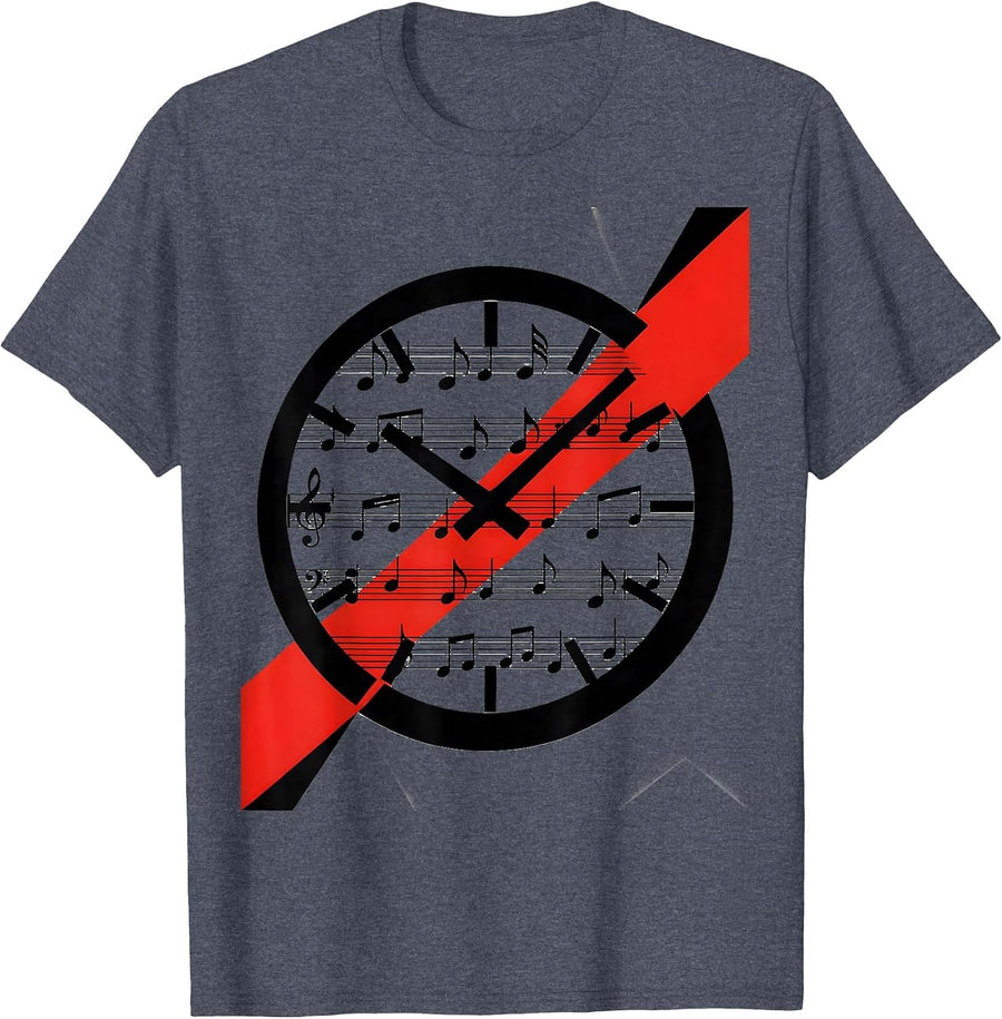Black Clock Musical Staff Fusion Constructivist Poster Music T-Shirt - Heather Blue