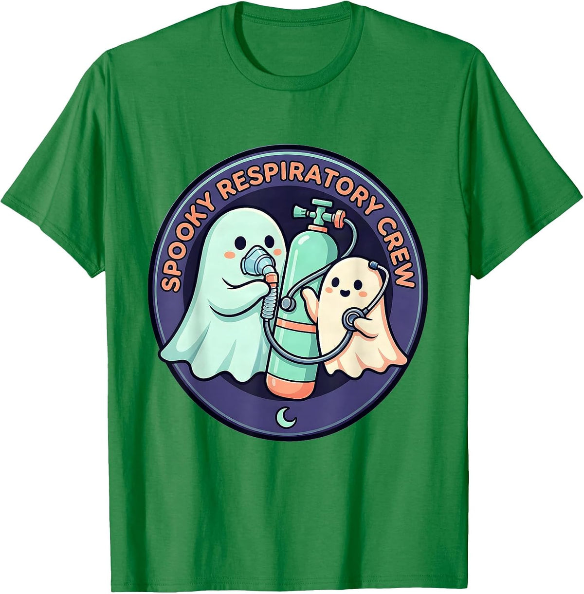 Men's Spooky Respiratory Crew Cute Ghost Halloween Occupational T-Shirt - Kelly Green