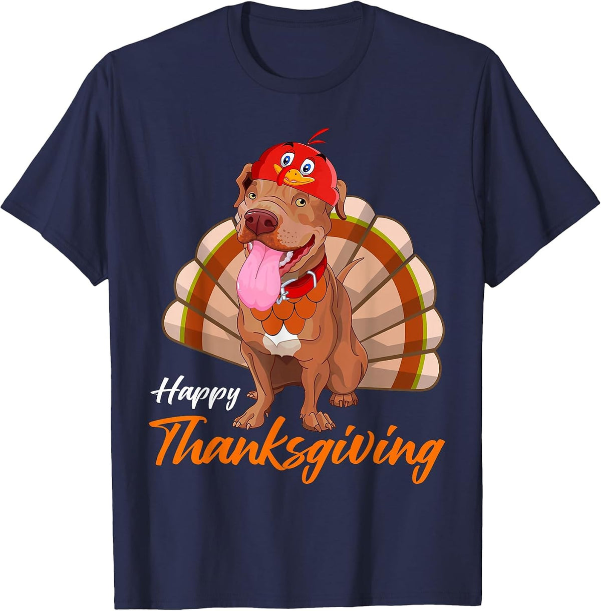 Funny Turkey Pitbull Dog Maple Leaf Fall Vibes Thanksgiving T-Shirt - Navy Blue