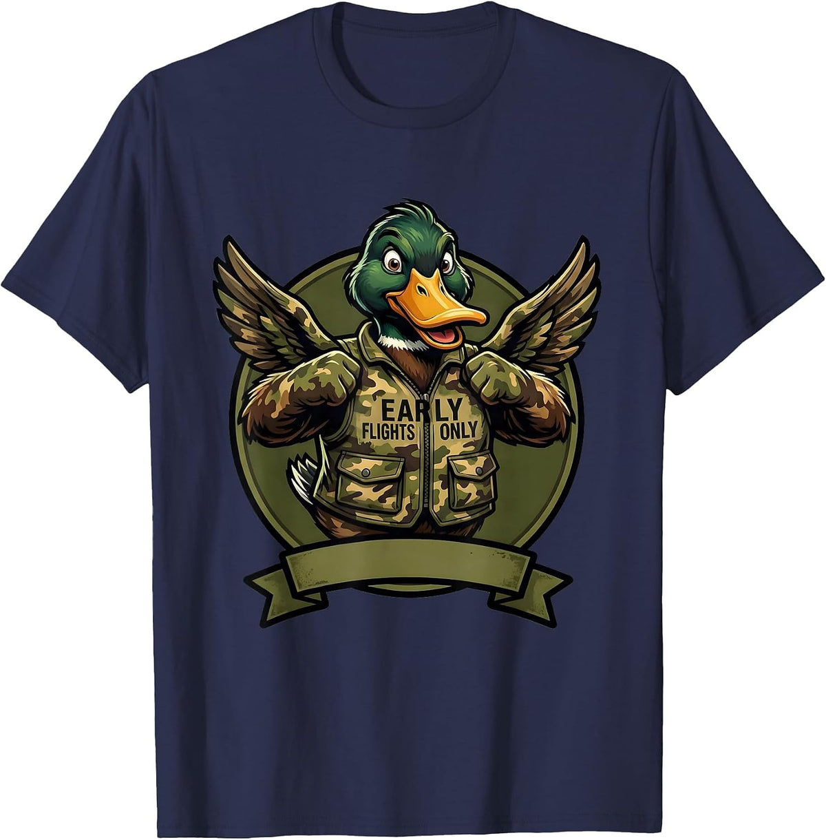 Men's Early Flights Only Duck Camo Hunting Design T-Shirt - Navy Blue
